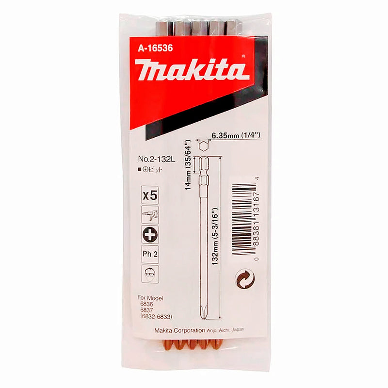 Túi 5 mũi vít bake Makita kích thước PH2, chiều dài từ 122mm - 182mm, đuôi lục giác 6.35mm (1/4 inch)