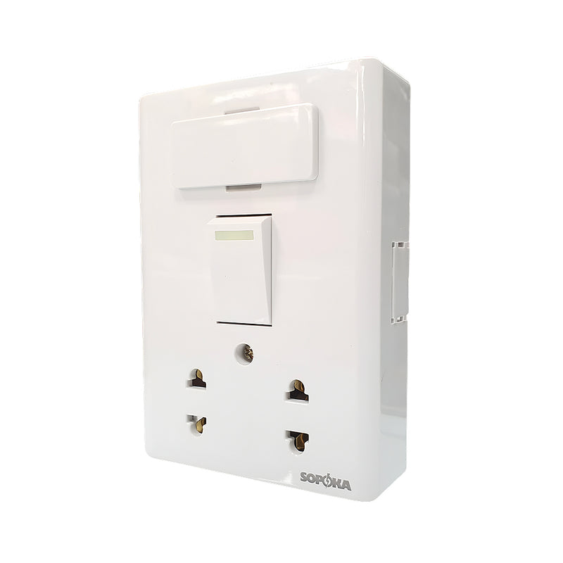 Bảng điện nổi SOPOKA E3A trắng 2 ổ cắm, 1 công tắc, cầu chì bảo vệ, nhựa ABS, điện dân dụng cao cấp
