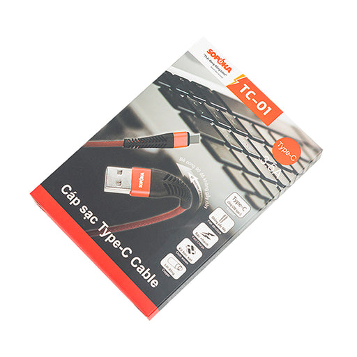 Hộp cáp sạc Type-C SOPOKA TC-01 màu đỏ, vỏ bọc sợi vải siêu bền, thiết kế xương cá chống gãy, hỗ trợ sạc nhanh và truyền dữ liệu.