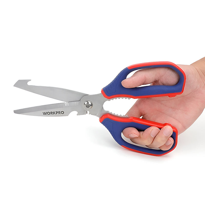Kéo làm bếp đa năng 250mm (10 inches) kết hợp chức năng mở đồ hộp, tuốc dây, lưỡi móc Workpro WP214006