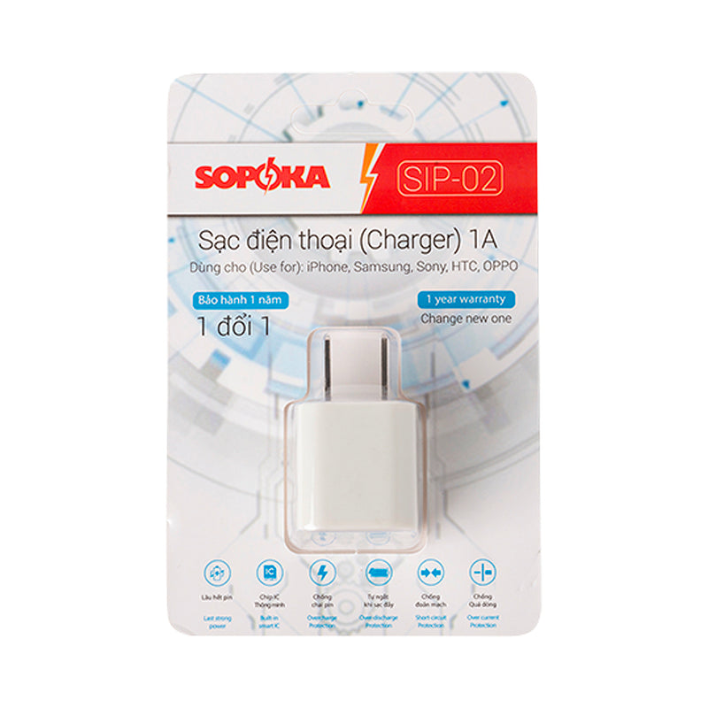 Củ sạc USB mini SOPOKA SIP-02 1A màu trắng, nhỏ gọn, an toàn cho điện thoại, tai nghe, smartwatch