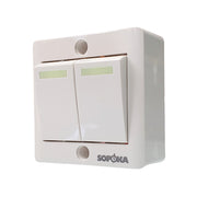 Công tắc đôi SOPOKA E2S lắp nổi, phím lớn, tiếp điểm bạc, vỏ ABS chống cháy, điều khiển kép đèn/quạt.
