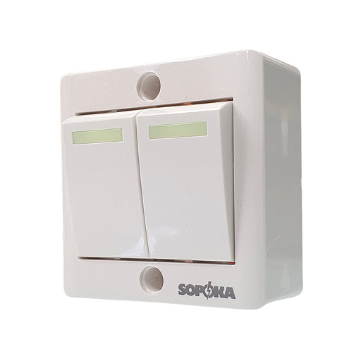 Công tắc đôi SOPOKA E2S lắp nổi, phím lớn, tiếp điểm bạc, vỏ ABS chống cháy, điều khiển kép đèn/quạt.