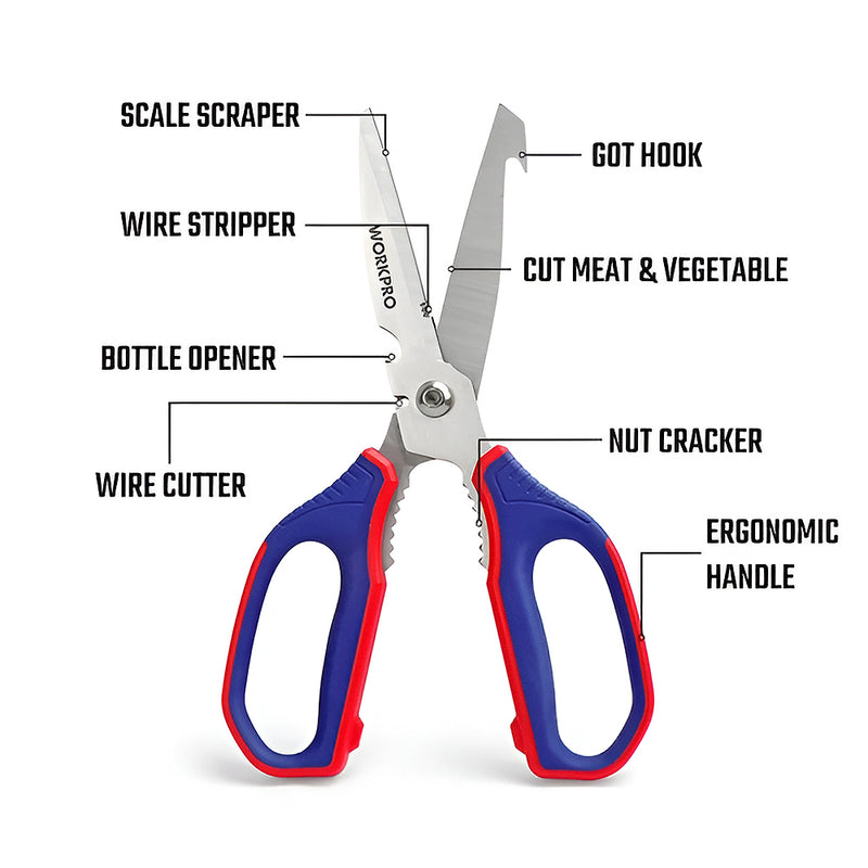Kéo làm bếp đa năng 250mm (10 inches) kết hợp chức năng mở đồ hộp, tuốc dây, lưỡi móc Workpro WP214006