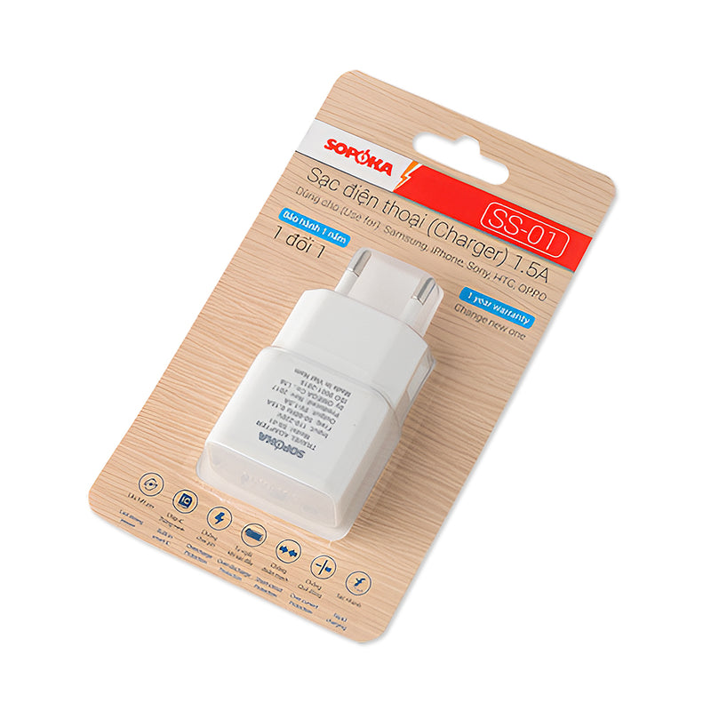 Củ sạc USB SOPOKA SS-01 1.5A trắng, vỏ ABS chống cháy, sạc điện thoại ổn định