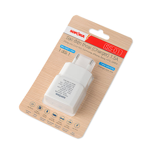 Củ sạc USB SOPOKA SS-01 1.5A trắng, vỏ ABS chống cháy, sạc điện thoại ổn định