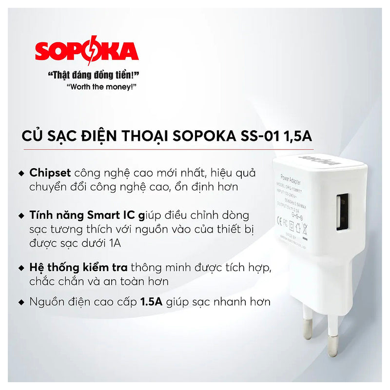 Củ sạc USB SOPOKA SS-01 1.5A trắng, sạc điện thoại ổn định, bảo vệ thiết bị.
