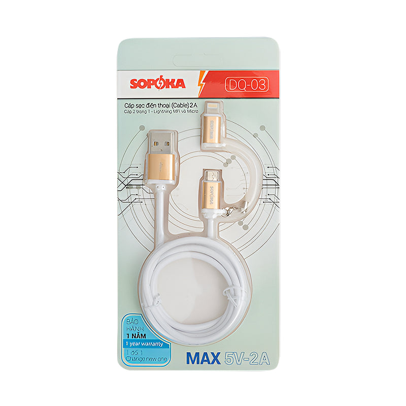 Cáp sạc đa năng SOPOKA DQ-03 1m trắng, 2 đầu Lightning và Micro USB cho iPhone, Android, loa bluetooth.