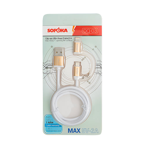 Cáp sạc đa năng SOPOKA DQ-03 1m trắng, 2 đầu Lightning và Micro USB cho iPhone, Android, loa bluetooth.