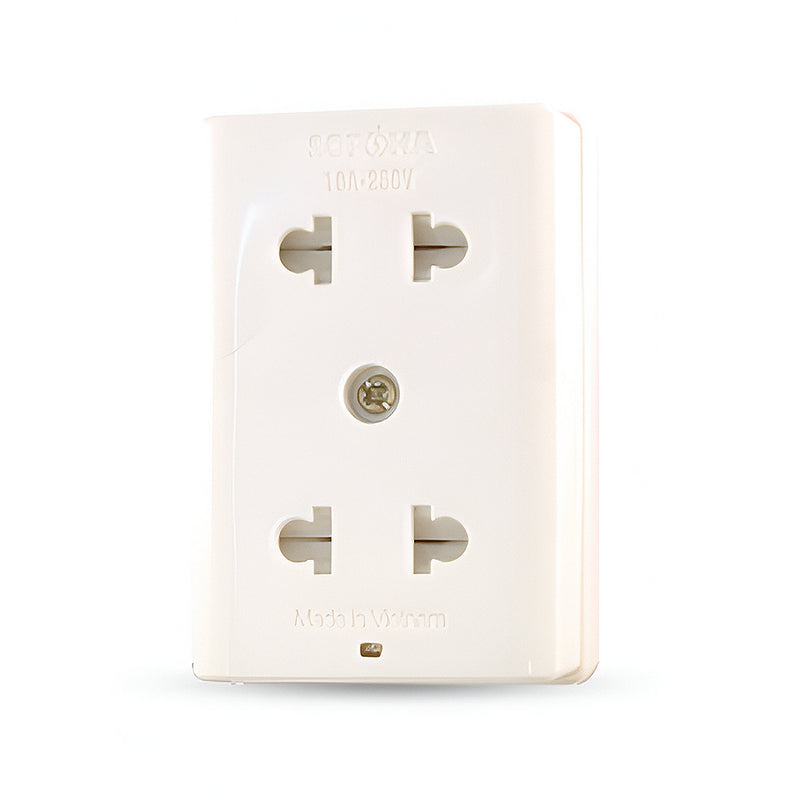 Ổ cắm nổi 2 cổng SOPOKA E12 an toàn, đế chịu nhiệt chống cháy, dòng tải 10A, tiếp điểm đồng, lắp đặt linh hoạt.
