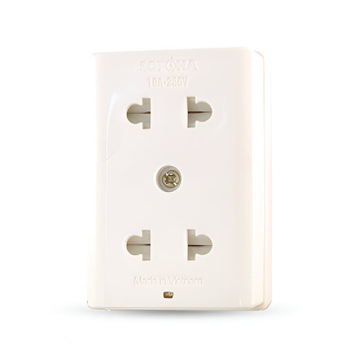 Ổ cắm nổi 2 cổng SOPOKA E12 an toàn, đế chịu nhiệt chống cháy, dòng tải 10A, tiếp điểm đồng, lắp đặt linh hoạt.