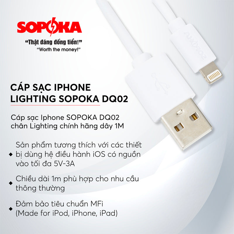 Cáp sạc iPhone và truyền dữ liệu ổn định chính hãng SOPOKA DQ-02