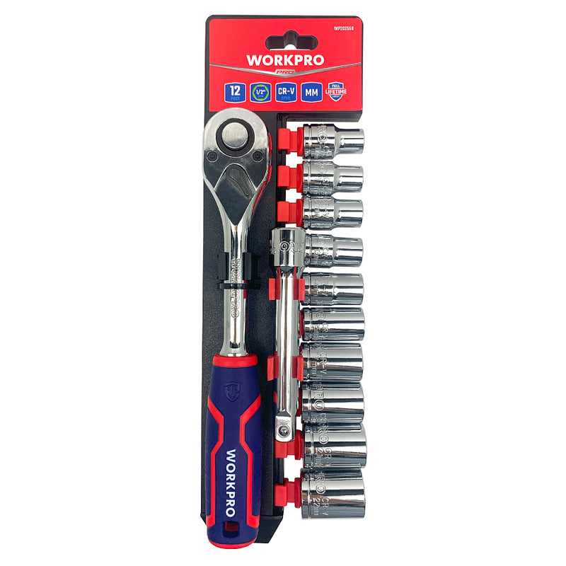 Bộ đầu tuýp và cần siết tự động cốt 1/2 inch 12 món bằng thép CR-V Workpro WP202558