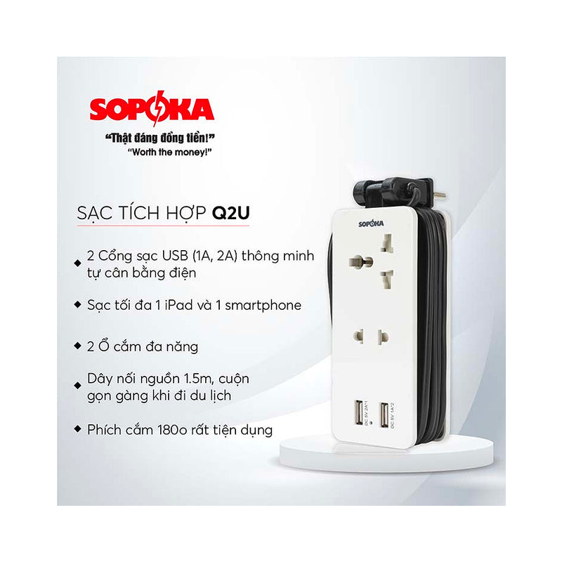 Phích cắm xoay linh hoạt của ổ cắm du lịch SOPOKA Q2U 2 cổng USB