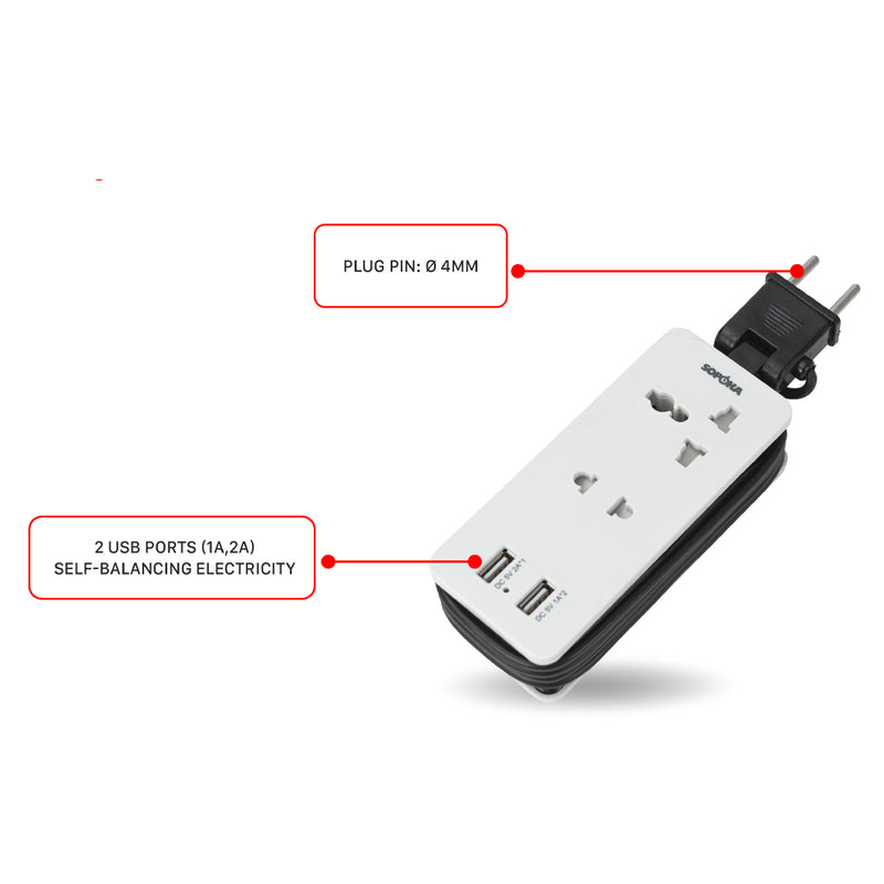 Ổ cắm điện du lịch SOPOKA Q2U 2 ổ cắm 2 cổng USB dây cuộn gọn tiện lợi