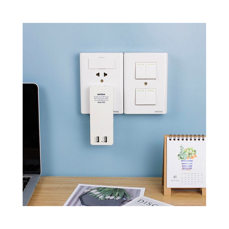 Đầu chia nguồn đa năng SOPOKA Q4U với phích xoay, 4 ổ cắm và 2 cổng sạc USB thông minh, chống cháy, nhỏ gọn cho gia đình và văn phòng.