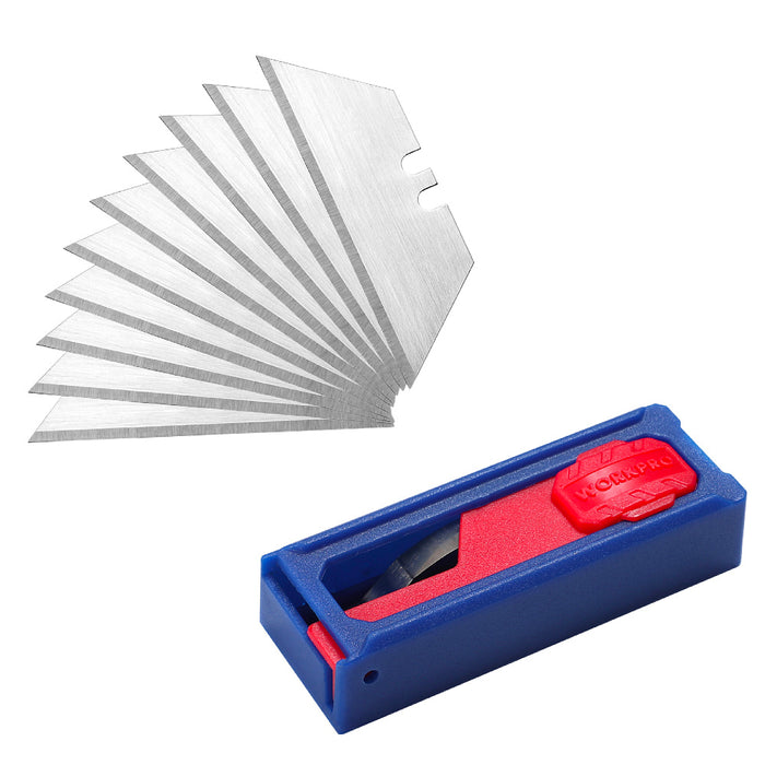 Hộp 10 lưỡi dao rọc đa năng (loại nhọn 2 đầu) bằng thép SK5, chứa trong hộp nhựa loại tốt Workpro WP213002