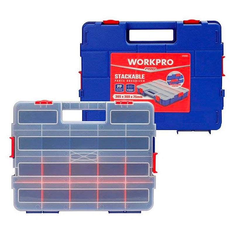 Hộp nhựa đựng linh kiện nhiều ngăn 385×300×75mm có thể liên kết xếp chồng lên nhau thành một khối lớn hơn Workpro WP283007