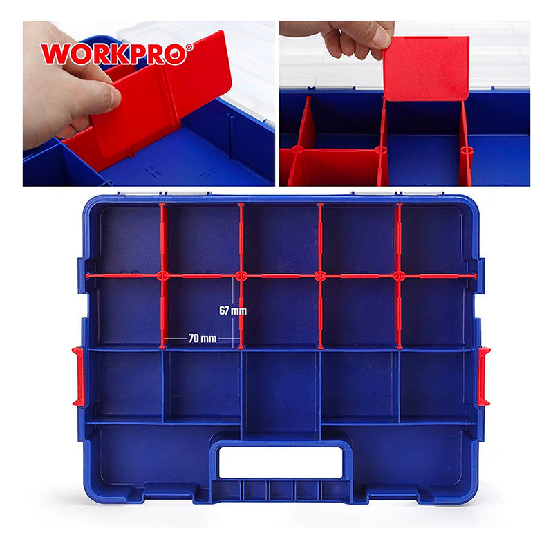 Hộp nhựa đựng linh kiện nhiều ngăn 385×300×75mm có thể liên kết xếp chồng lên nhau thành một khối lớn hơn Workpro WP283007