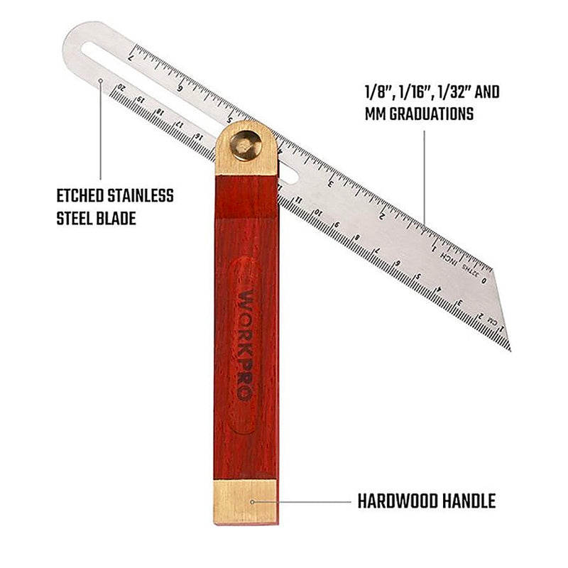 Thước Ê ke trượt 230mm (9 inches), bản thước bẳng thép không gỉ, cán cầm bằng gỗ Workpro WP264006
