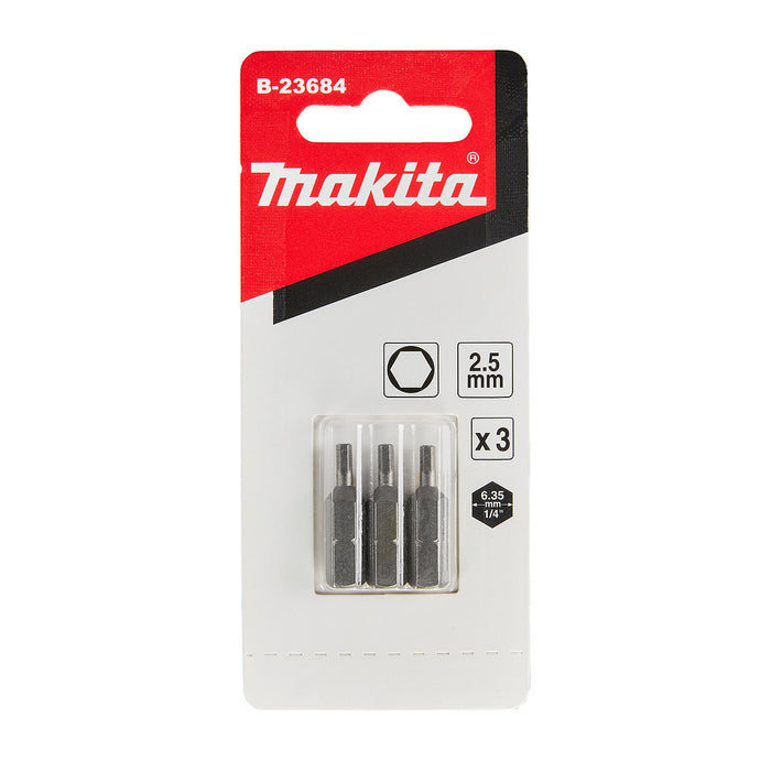 Vĩ 3 mũi vặn vít đầu lục giác Makita đường kính mũi từ 1.5mm-8mm, chiều dài 25mm, đuôi lục giác 6.35mm ( 1/4 inch ) ( Cấp 2 sao )