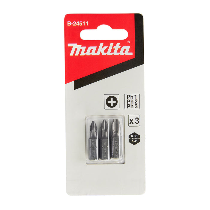 Vĩ 3 mũi vặn vít đầu bake Makita B-24511 mũi từ PH1-PH3 chiều dài 25mm, đuôi lục giác 6.35mm ( 1/4 inch ) ( Cấp 2 sao )