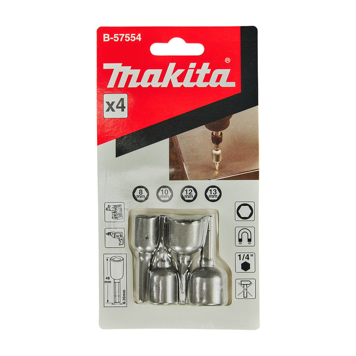 Vĩ 4 mũi vít bắn tôn Makita B-57554 kích thước mũi từ 8mm-13mm, chiều dài 48mm đuôi lục giác 6.35mm ( 1/4 inch ) ( Cấp 2 sao )