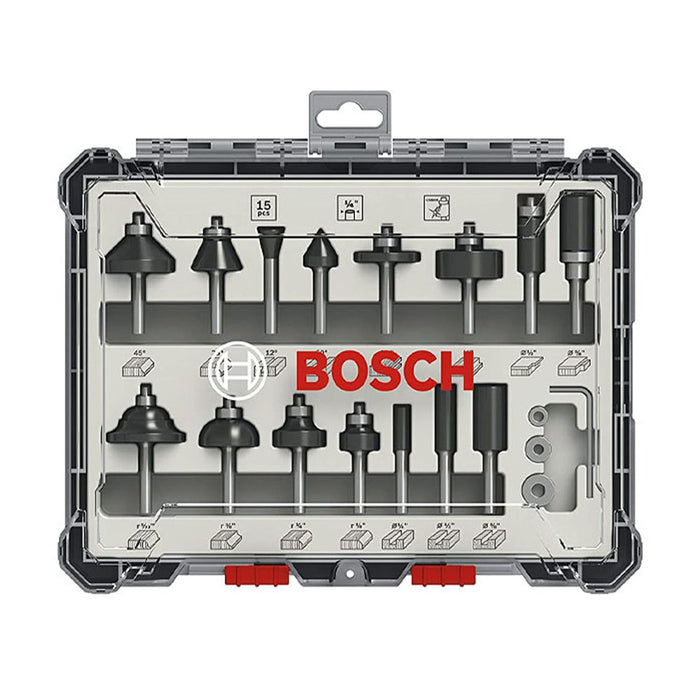 Bộ mũi phay thẳng và phay góc Caride 15 chi tiết Bosch 2607017473