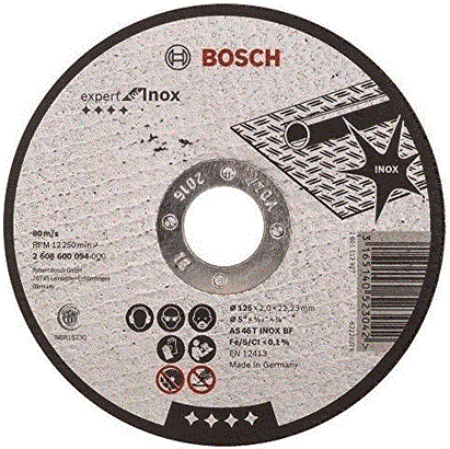 Đá cắt Inox Bosch 2608600094 đường kính 125mm, dày 2mm, lỗ cốt 22.2mm, tâm trũng (Dòng Expert)