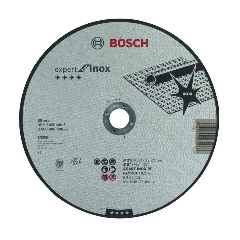Đá cắt Inox Bosch 2608600096 đường kính 230mm, dày 2mm, lỗ cốt 22.2mm, tiêu chuẩn EN 12413 (Dòng Expert)