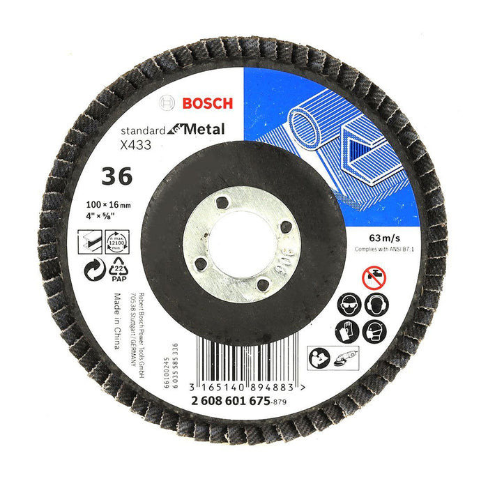 Đĩa nhám xếp đánh sắt Alox Bosch đường kính 100mm, lỗ cốt 16mm, độ hạt từ P36 - P80, mặt vát góc (Dòng Standard)