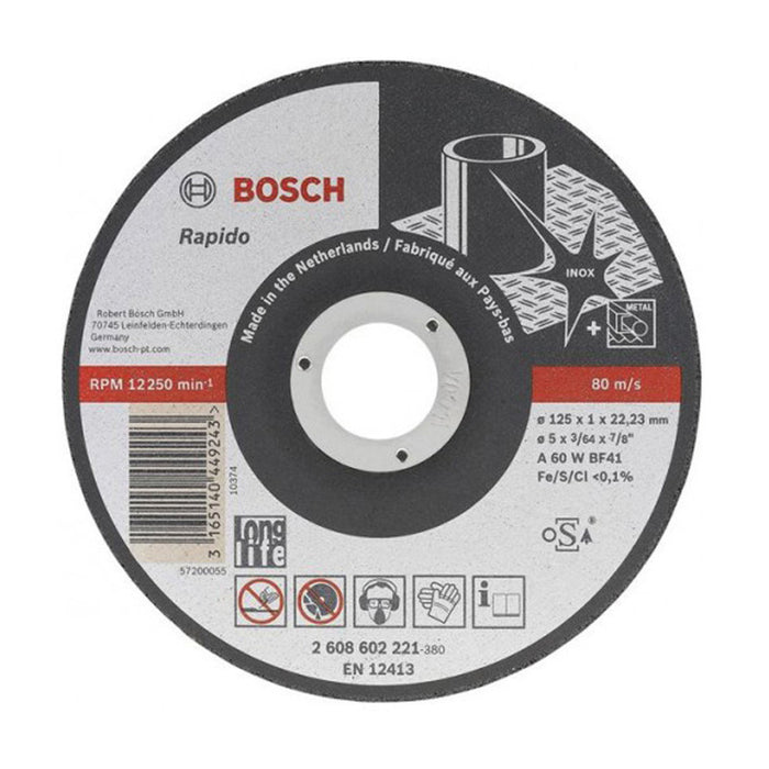 Đá mài, cắt Inox Bosch 2608602221 đường kính 125mm, dày 1.2mm, lỗ cốt 22.2mm, tiêu chuẩn EN 12413 (Dòng Best)