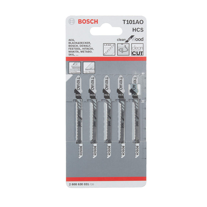 Vỉ 5 lưỡi cưa lọng cắt gỗ, cung tròn Bosch T101AO vật liệu thép HCS, dài 56mm, mép cắt đẹp và sạch (mã số 2608630031)