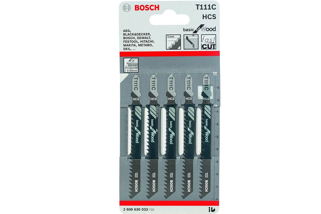 Vỉ 5 lưỡi cưa lọng cắt gỗ Bosch T111C vật liệu thép HCS, dài 74mm (mã số 2608630033)