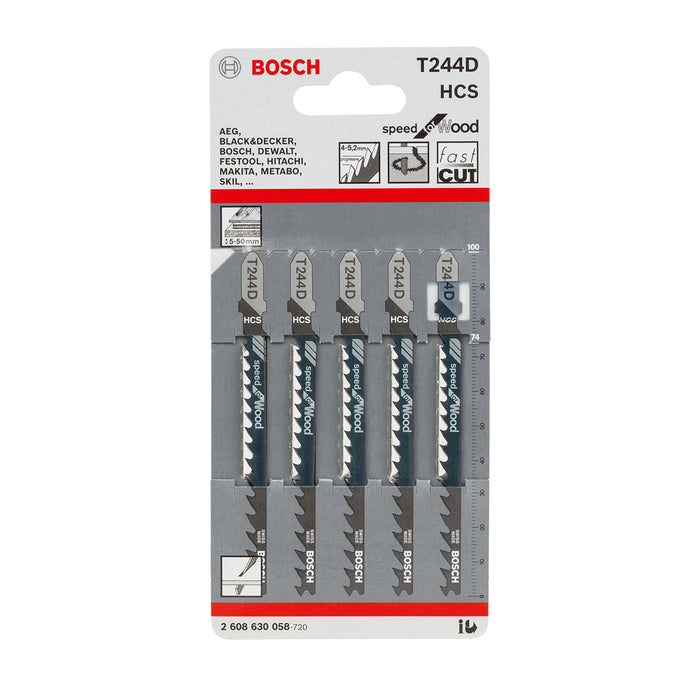 Vỉ 5 lưỡi cưa lọng cắt gỗ nhanh, cung tròn Bosch T244D vật liệu thép HCS, dài 74mm (mã số 2608630058)