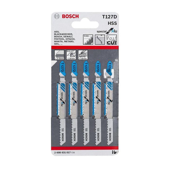 Vỉ 5 lưỡi cưa lọng cắt nhôm Bosch T127D vật liệu HSS, dài 59mm (mã số 2608631017)