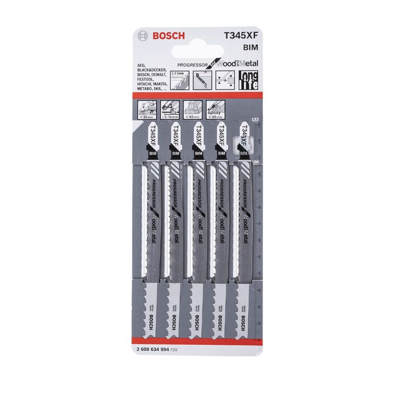 Vỉ 5 lưỡi cưa lọng cắt xả nhanh kim loại và gỗ Bosch T345XF vật liệu BIM, dài 106mm (mã số 2608634994)