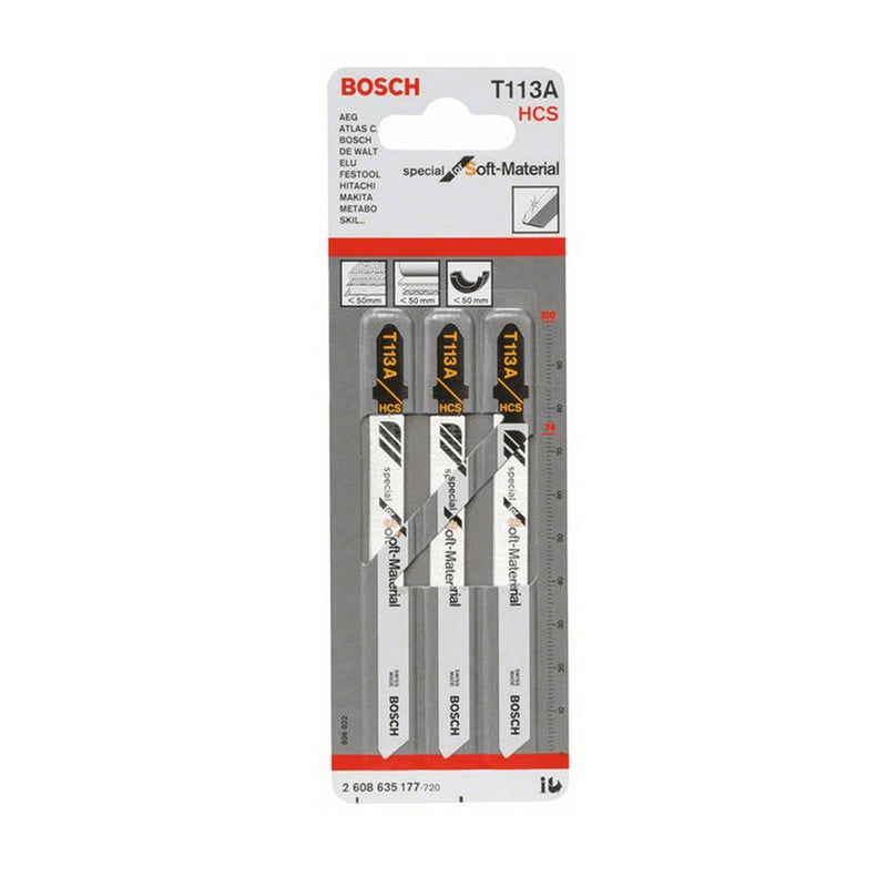 Vỉ 3 lưỡi cưa lọng cắt được đa vật liệu mềm Bosch T113A vật liệu thép HCS, dài 100mm (mã số 2608635177)