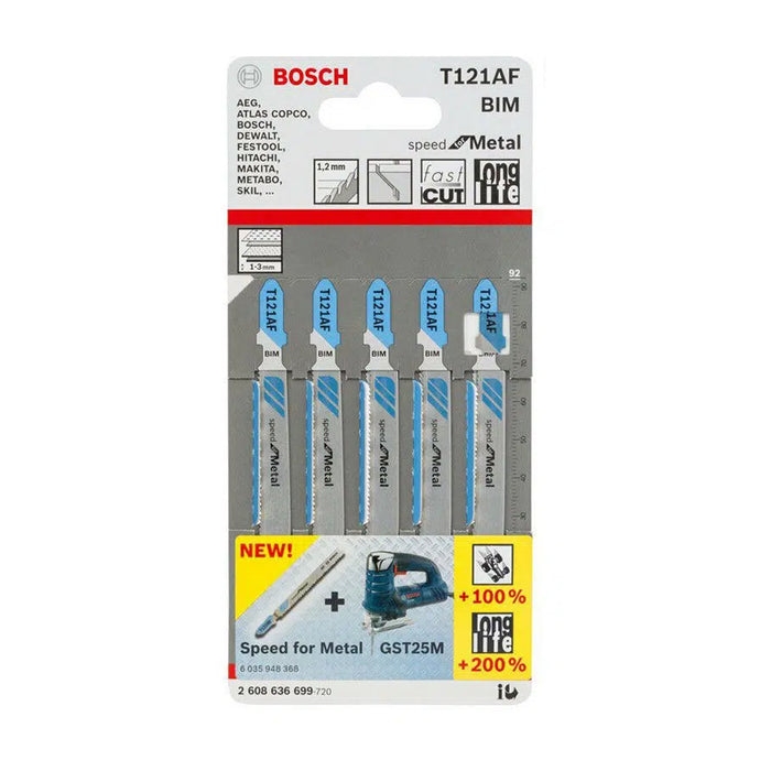 Vỉ 5 lưỡi cưa lọng cắt sắt nhanh Bosch T121AF vật liệu BIM, dài 67mm (mã số 2608636699)