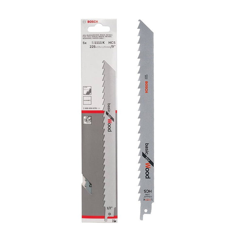 Vỉ 5 lưỡi cưa kiếm Bosch S1111K dùng cho gỗ, vật liệu HSS, chiều dài 225m, dày 1.25mm, mã số 2608650678