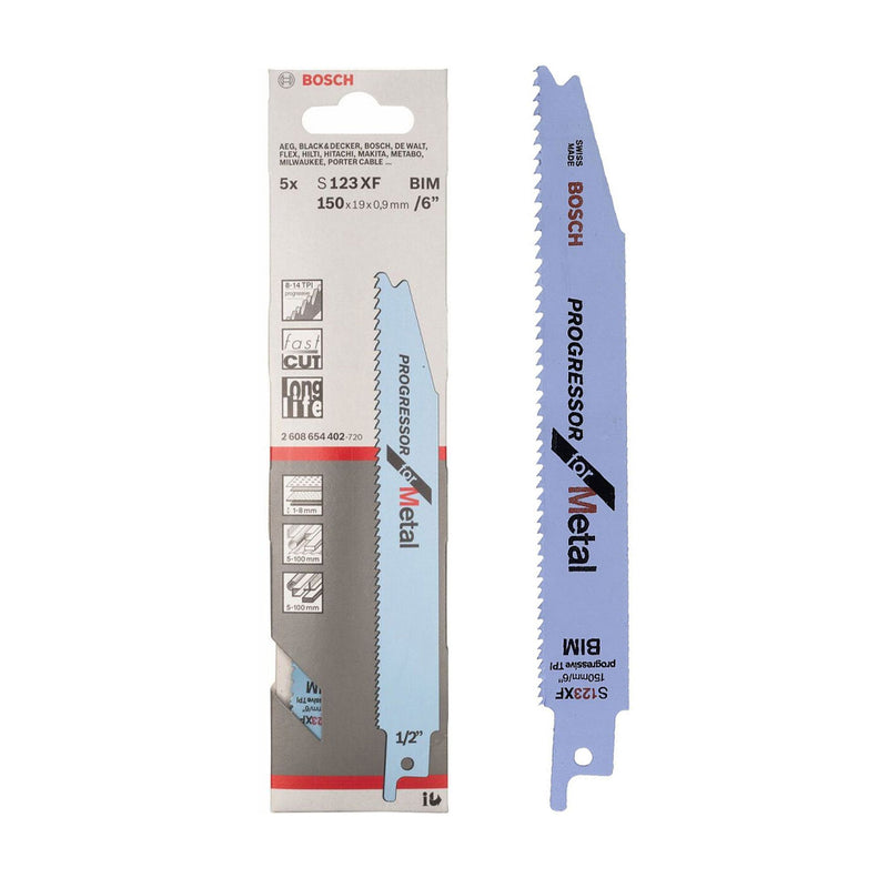 Vĩ 5 lưỡi cưa kiếm BiM Bosch S123XF dùng cắt kim loại, số răng 8-14 TPI, chiều dài 150mm mã số 2608654402