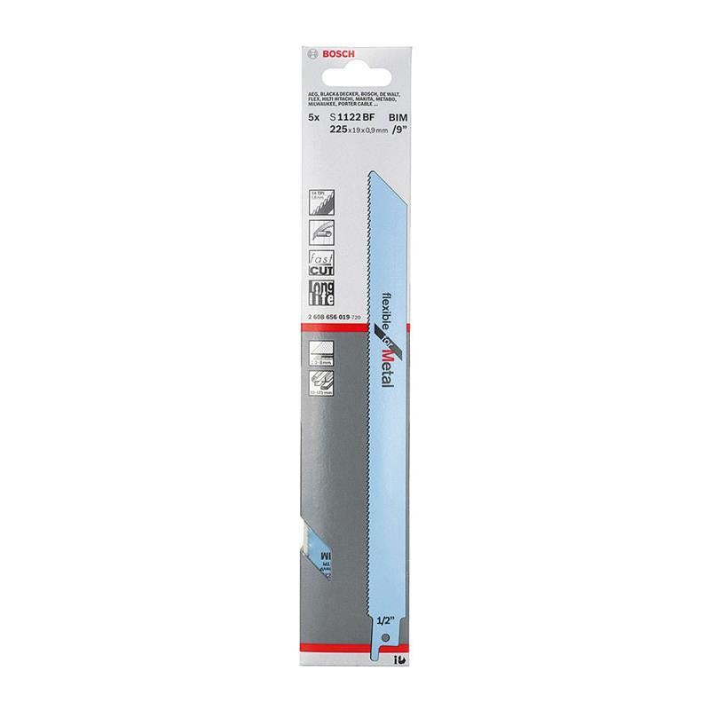 Vỉ 5 lưỡi cưa kiếm Bosch dùng cho kim loại mềm, vật liệu BIM, số răng từ 14 TPI - 18 TPI, chiều dài 225mm (Flexible for Metal)