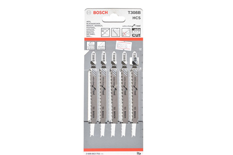 Vỉ 5 lưỡi cưa lọng cắt gỗ Bosch T308B, vật liệu HCS, chiều dài 91mm, mép cắt sạch và đẹp, mã số 2608663751 (Extra-Clean For Wood)
