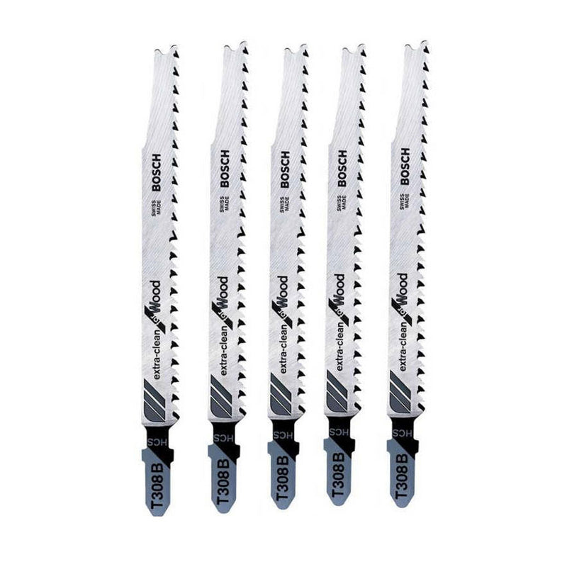 Vỉ 5 lưỡi cưa lọng cắt gỗ Bosch T308B, vật liệu HCS, chiều dài 91mm, mép cắt sạch và đẹp, mã số 2608663751 (Extra-Clean For Wood)