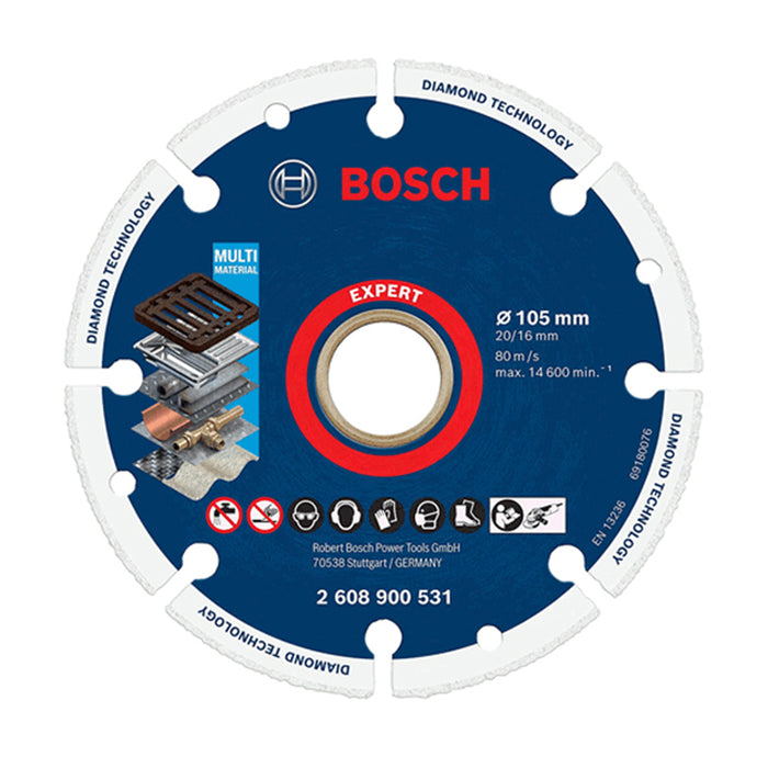 Đĩa cắt kim cương dùng cho sắt 105mm Bosch 2608900531 lỗ cốt 20/16mm, tiêu chuẩn EN 13236