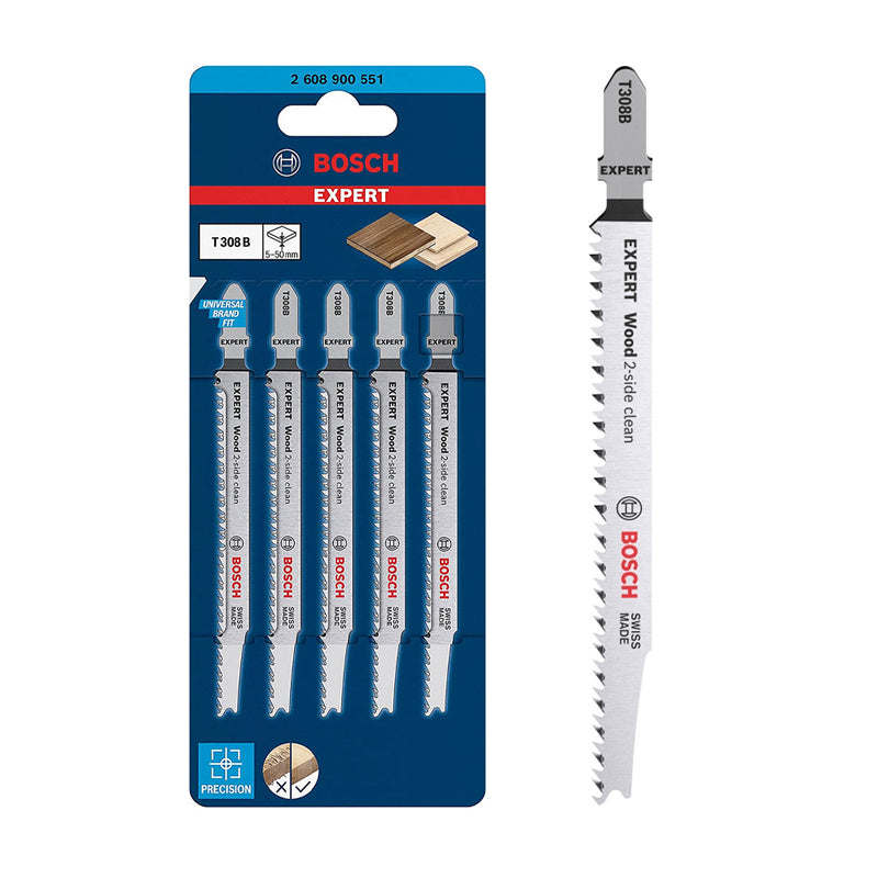 Vỉ 5 lưỡi cưa lọng cắt gỗ Bosch T308B vật liệu thép HCS, dài 91mm, mép cắt đẹp và sạch (Dòng cao cấp)