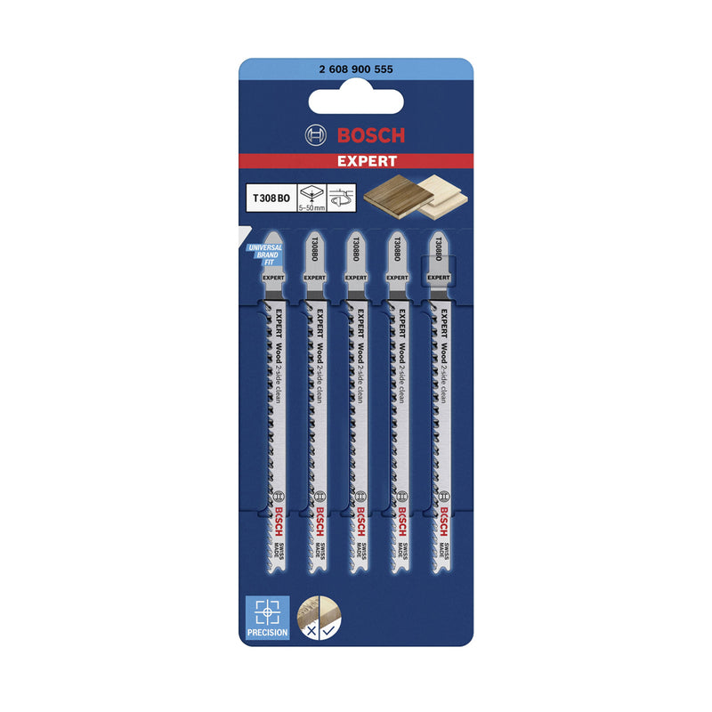 Vỉ 5 lưỡi cưa lọng cắt gỗ Bosch T308B vật liệu thép HCS, dài 91mm, mép cắt đẹp và sạch (Dòng cao cấp)