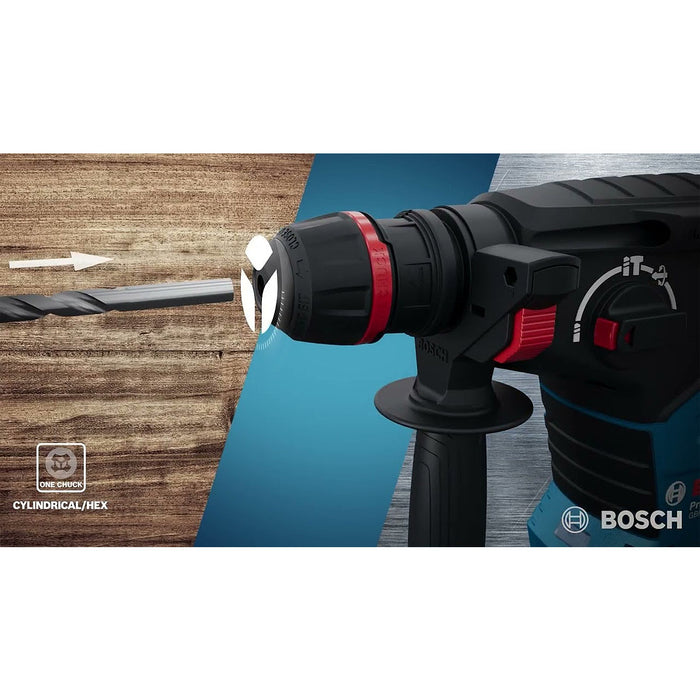 Máy khoan bê tông 3 chức năng Bosch GBH 187-LI One Chuck dùng Pin 18V, đuôi gài SDS-Plus thế hệ mới tích hợp đầu khoan kẹp 6-10mm