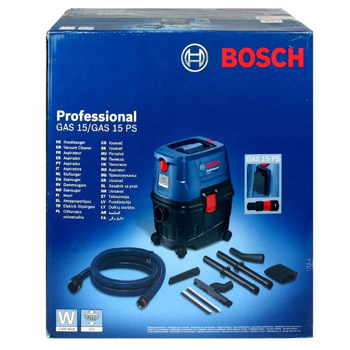 Máy hút bụi Bosch GAS 15 công suất 1,100W dung tích 15L lực hút 22kPa ( hút khô và ướt ) mã số 06019E50K0