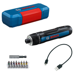 Bosch GO Gen III (KIT) mã số 06019H2281: Thân máy, cáp sạc USB-C, 8 mũi vặn vít, đầu vặn vít nối dài